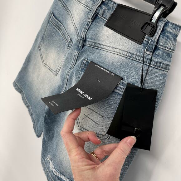 Homme + Femme NEW Mens Hand Painted Logo Distressed Jean Shorts Sz 30 Blue - Picture 5 of 10